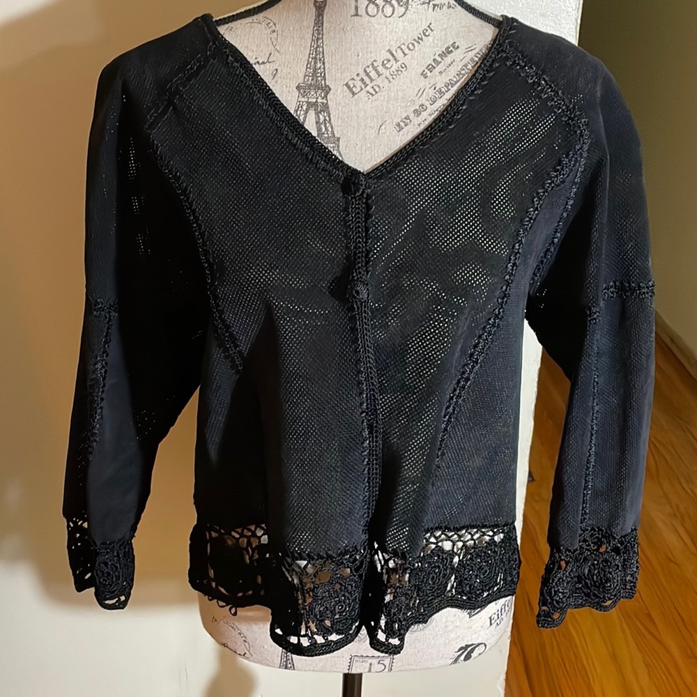 Leather Blend Crochet Trim Button Down Cardigan